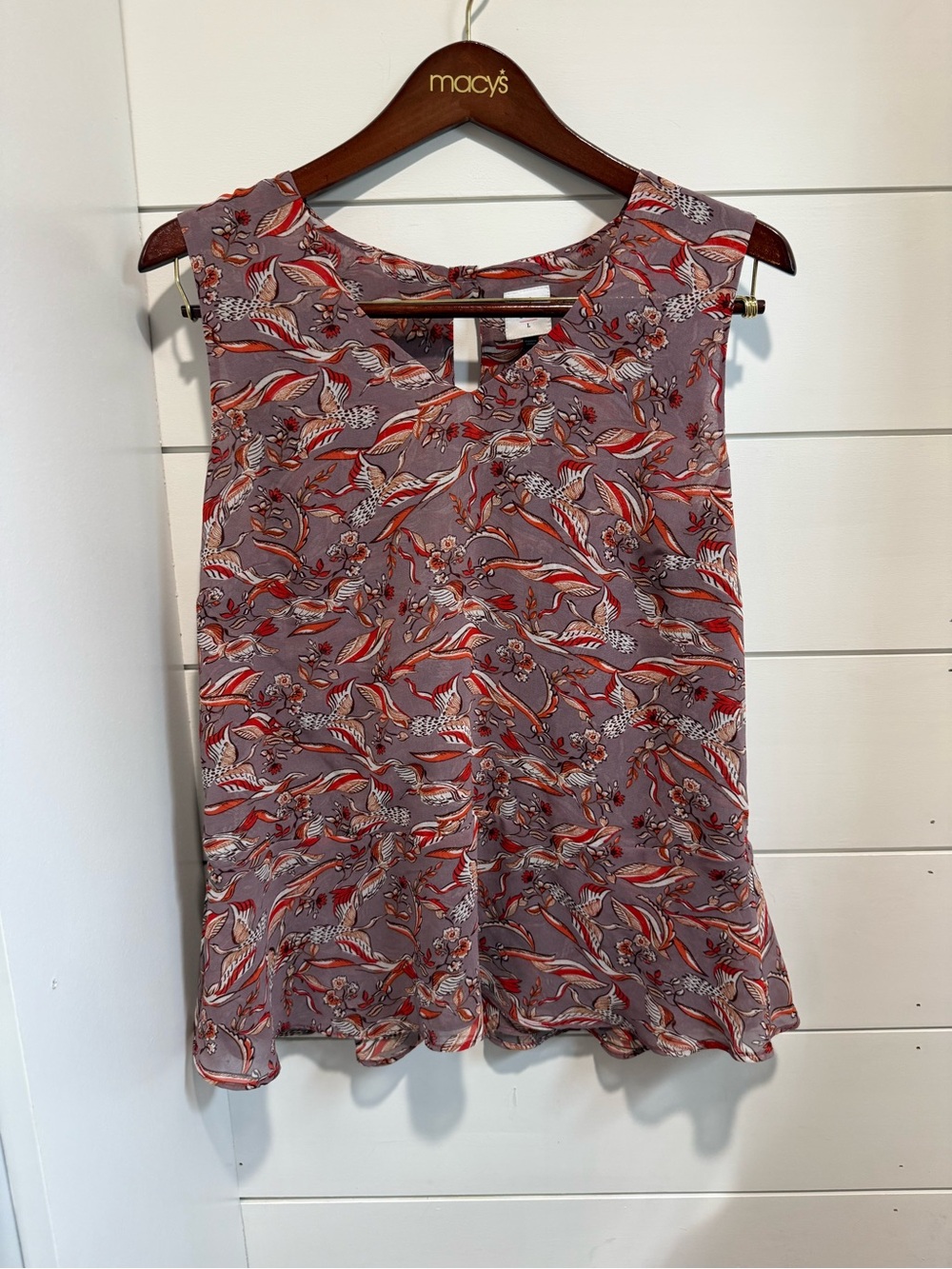 CAbi Mauve Floral Sleeveless Keyhole Shell with Red and Cream Motif